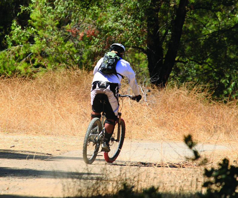 A helmeted mountain biker on a wooded dirt trail in the OC Parks brochure